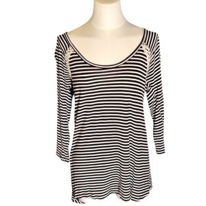 Vanity Vintage Black Cream Striped Long Sleeve Tee Lace Size Medium